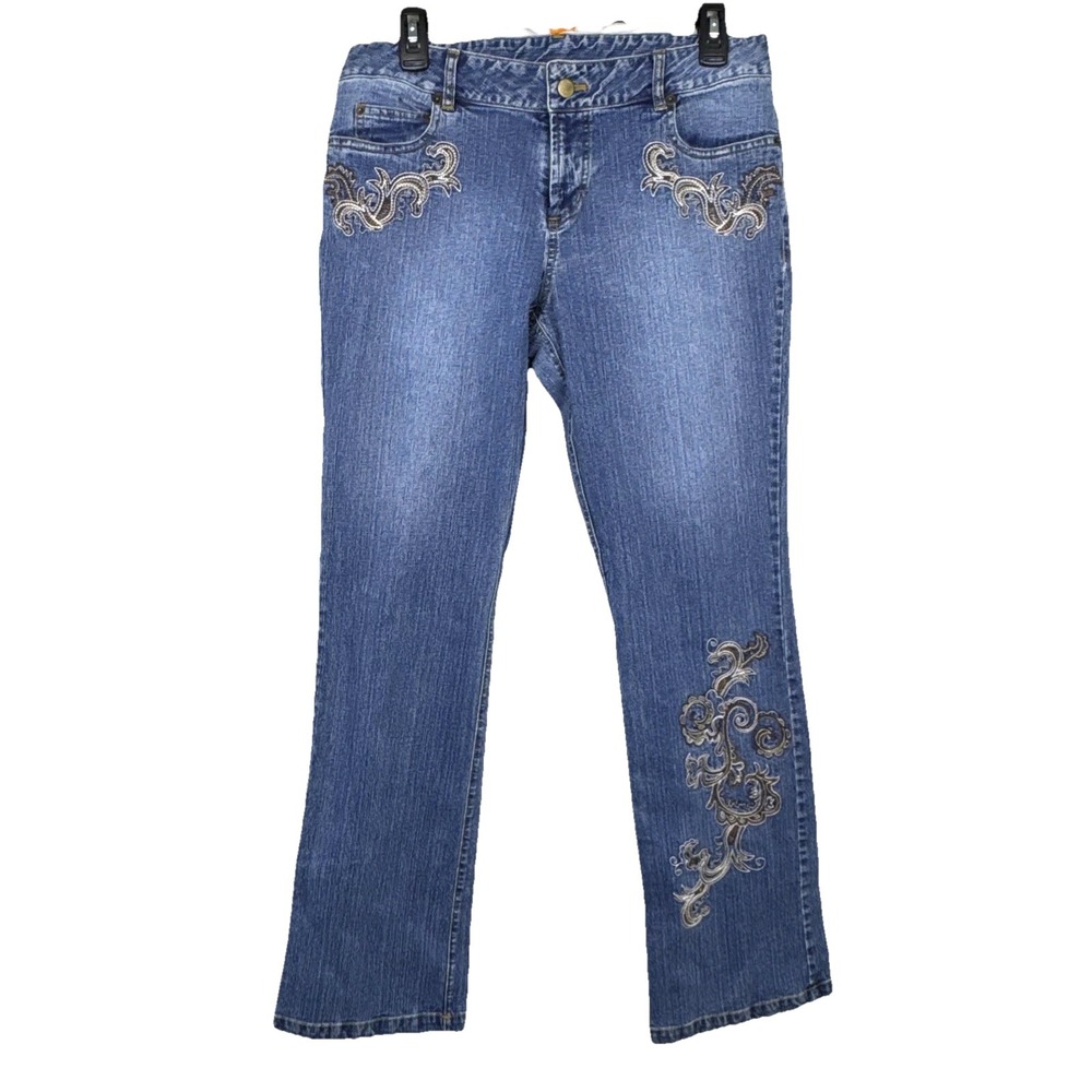 Embroidered Jeans Mid Rise Massini Straight Leg Sz 6 Country Cowgirl Boho West